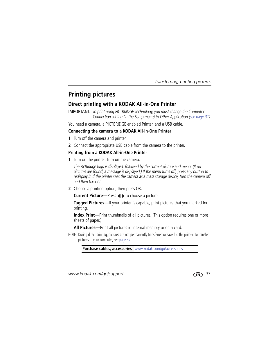 Printing pictures, Direct printing with a kodak all-in-one printer, Printing from a kodak all-in-one printer | Kodak C15 User Manual | Page 39 / 60