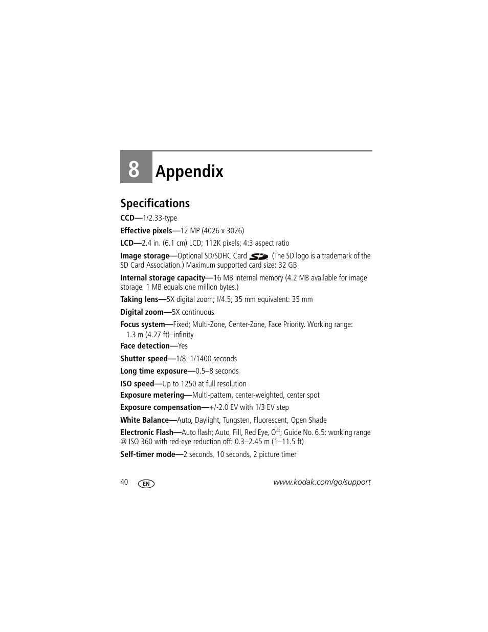 Appendix, Specifications, 8 appendix | Kodak C15 User Manual | Page 46 / 60