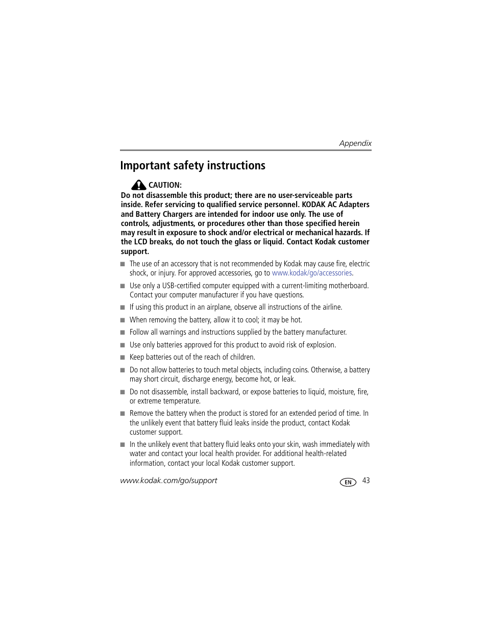 Important safety instructions | Kodak C15 User Manual | Page 49 / 60
