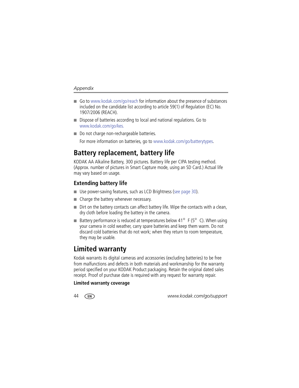 Battery replacement, battery life, Extending battery life, Limited warranty | Battery replacement, battery life limited warranty | Kodak C15 User Manual | Page 50 / 60