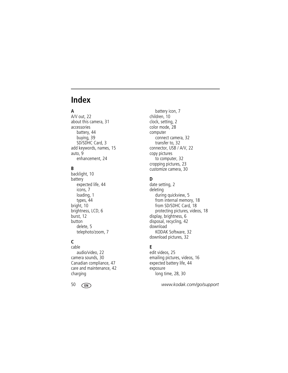 Index | Kodak C15 User Manual | Page 56 / 60