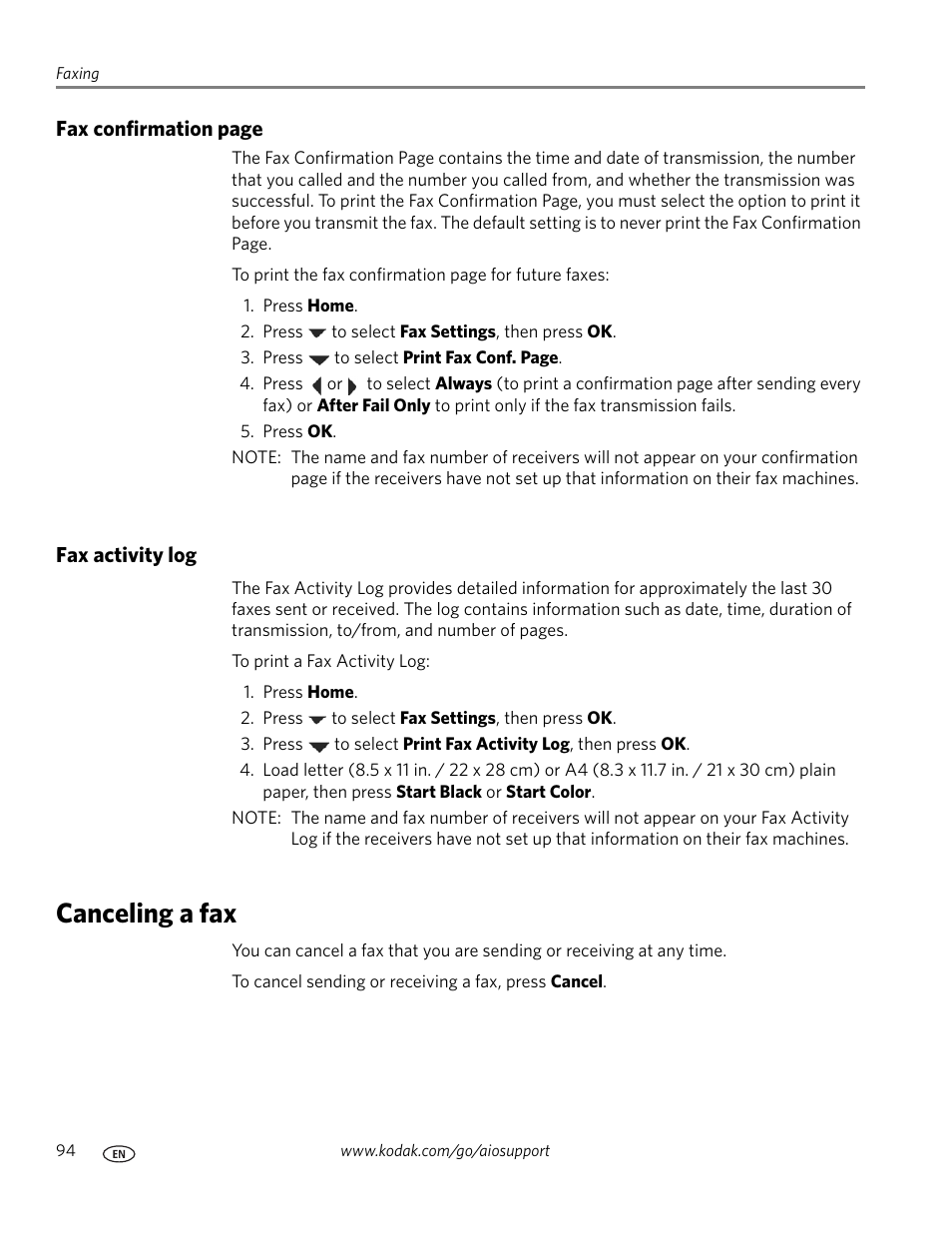 Fax activity log, Canceling a fax | Kodak ESP OFFICE 2100 User Manual | Page 100 / 137