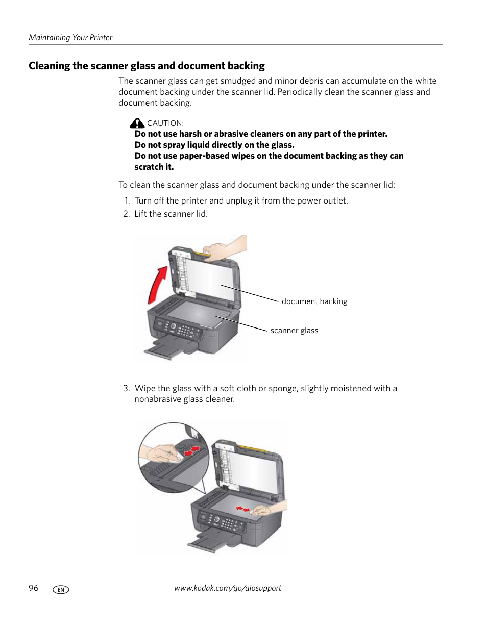 Cleaning the scanner glass and document backing | Kodak ESP OFFICE 2100 User Manual | Page 102 / 137