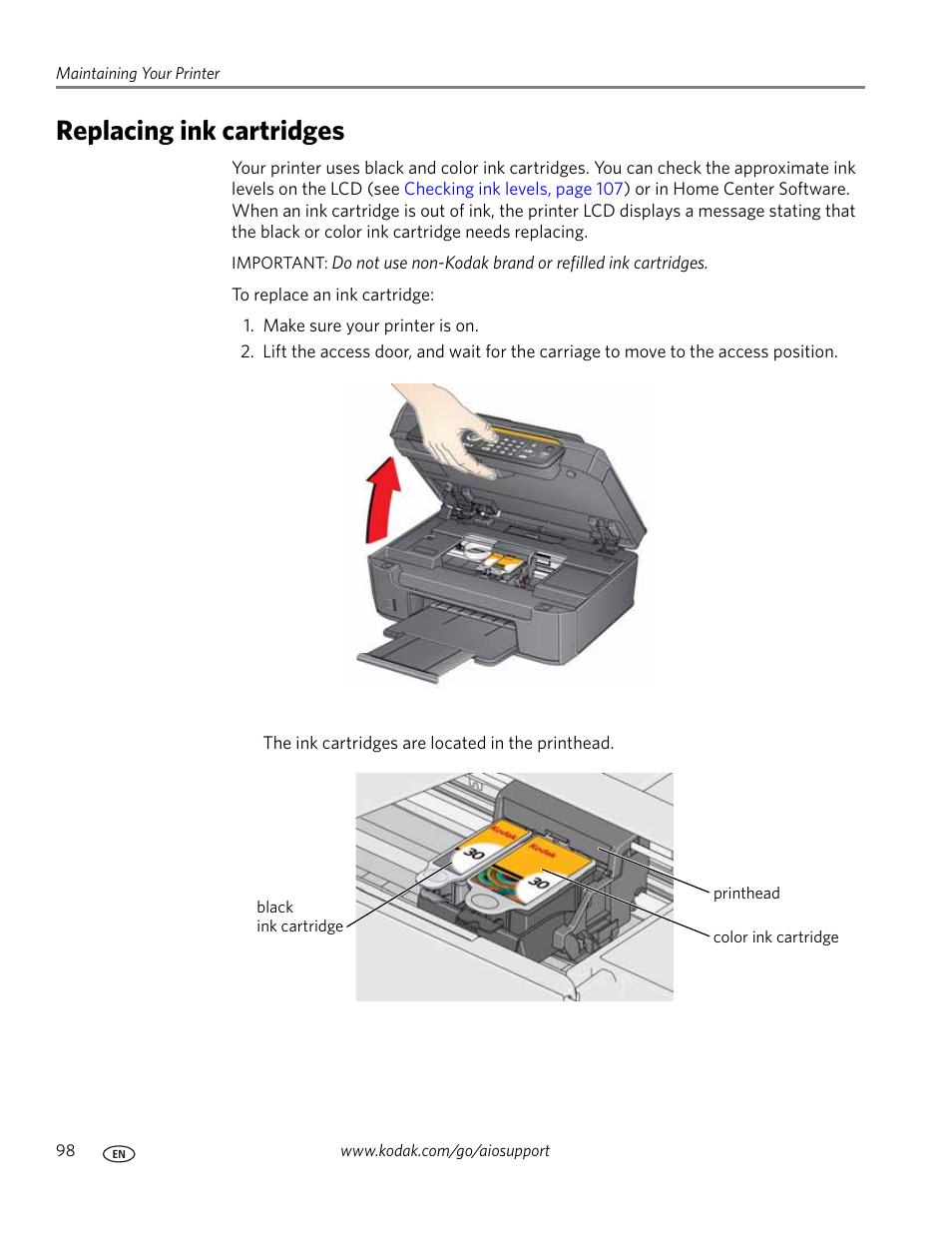 Replacing ink cartridges | Kodak ESP OFFICE 2100 User Manual | Page 104 / 137