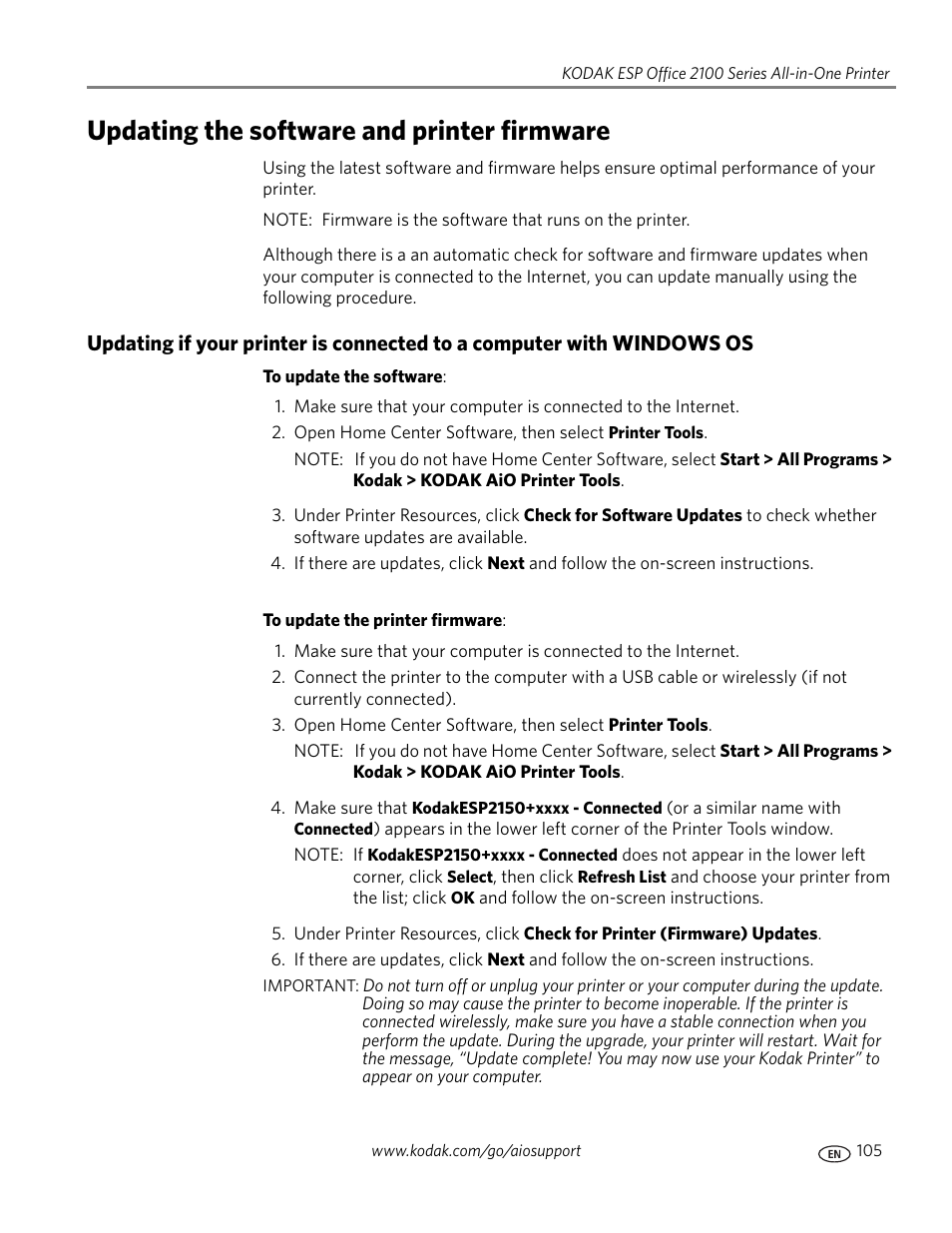 Updating the software and printer firmware | Kodak ESP OFFICE 2100 User Manual | Page 111 / 137