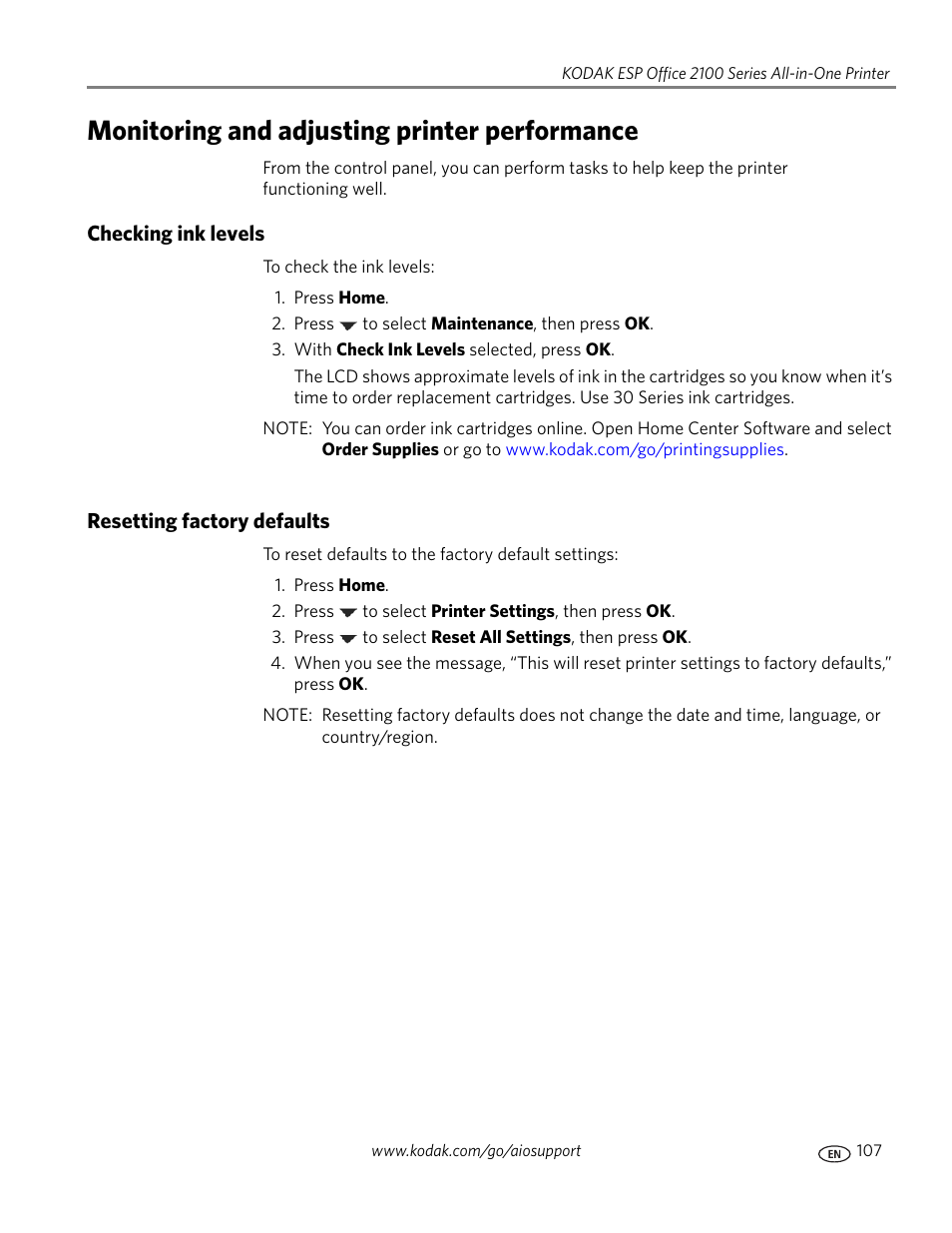 Monitoring and adjusting printer performance, Checking ink levels, Resetting factory defaults | Checking ink levels resetting factory defaults, Resetting factory | Kodak ESP OFFICE 2100 User Manual | Page 113 / 137