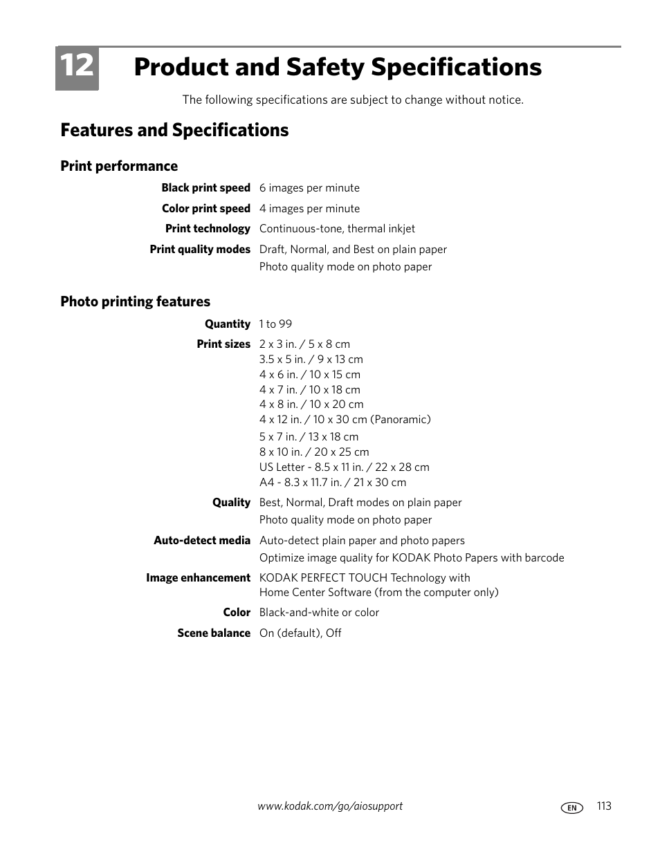 Product and safety specifications, Features and specifications, Print performance | Photo printing features, 12 product and safety specifications, Print performance photo printing features | Kodak ESP OFFICE 2100 User Manual | Page 119 / 137