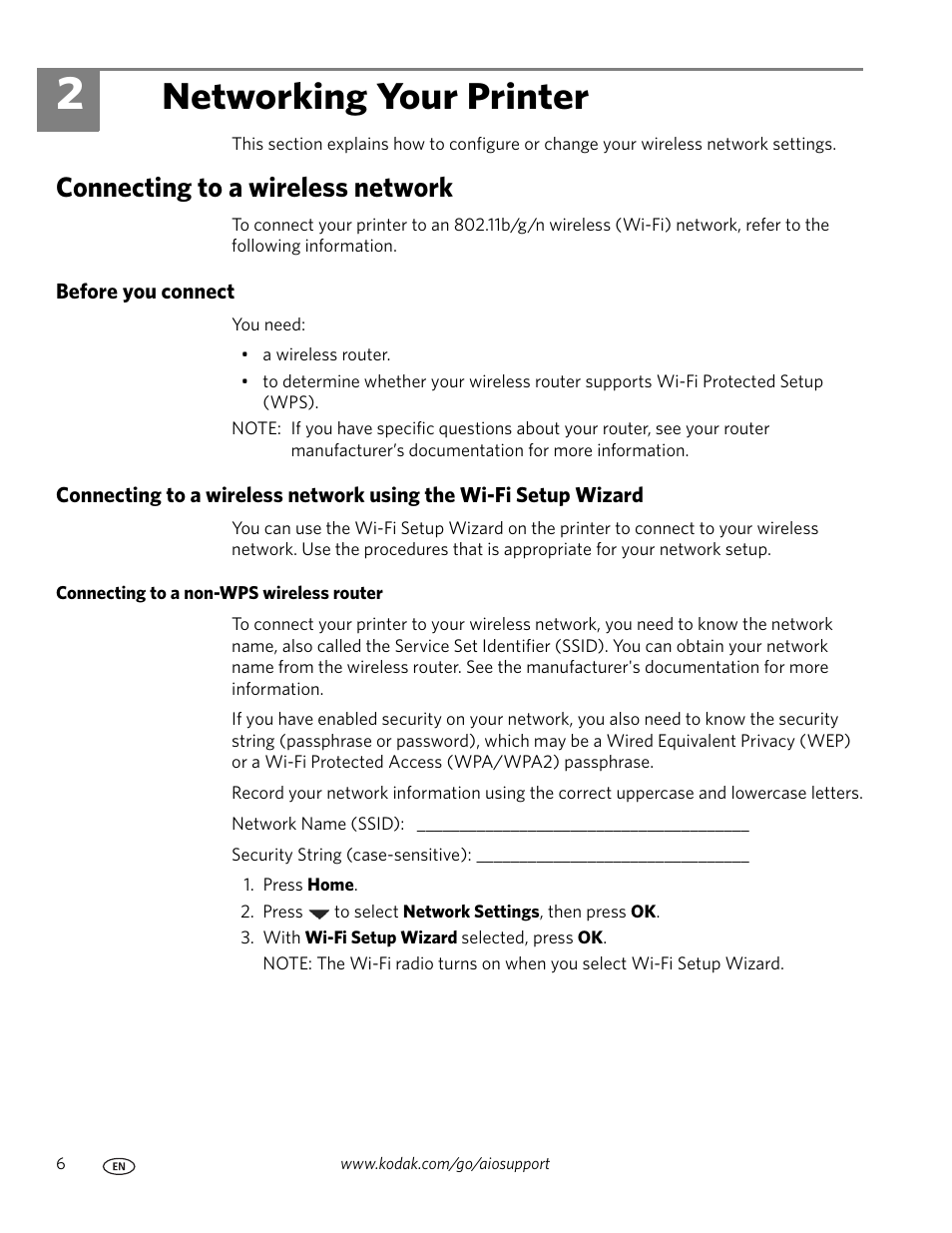 Networking your printer, Connecting to a wireless network, Before you connect | Connecting to a non-wps wireless router, 2 networking your printer | Kodak ESP OFFICE 2100 User Manual | Page 12 / 137