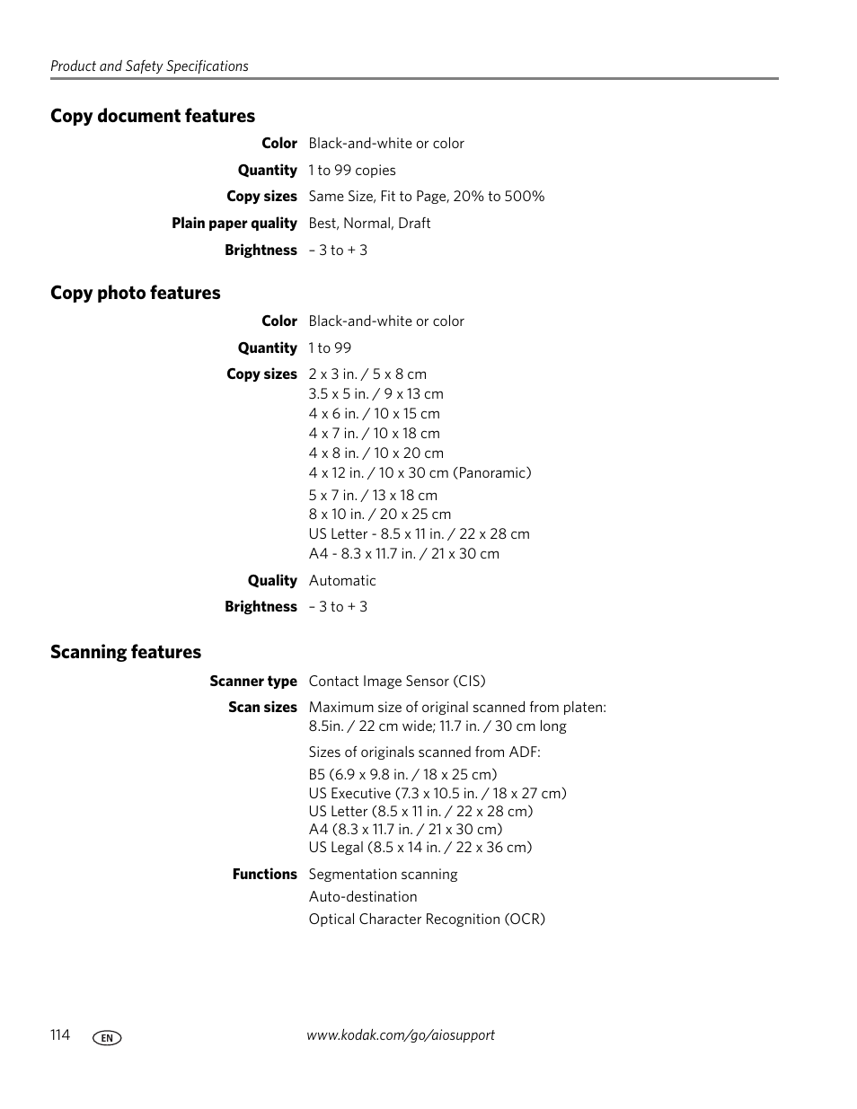 Copy document features, Copy photo features, Scanning features | Kodak ESP OFFICE 2100 User Manual | Page 120 / 137