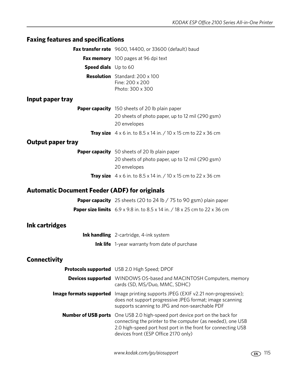 Faxing features and specifications, Input paper tray, Output paper tray | Automatic document feeder (adf) for originals, Ink cartridges, Connectivity | Kodak ESP OFFICE 2100 User Manual | Page 121 / 137