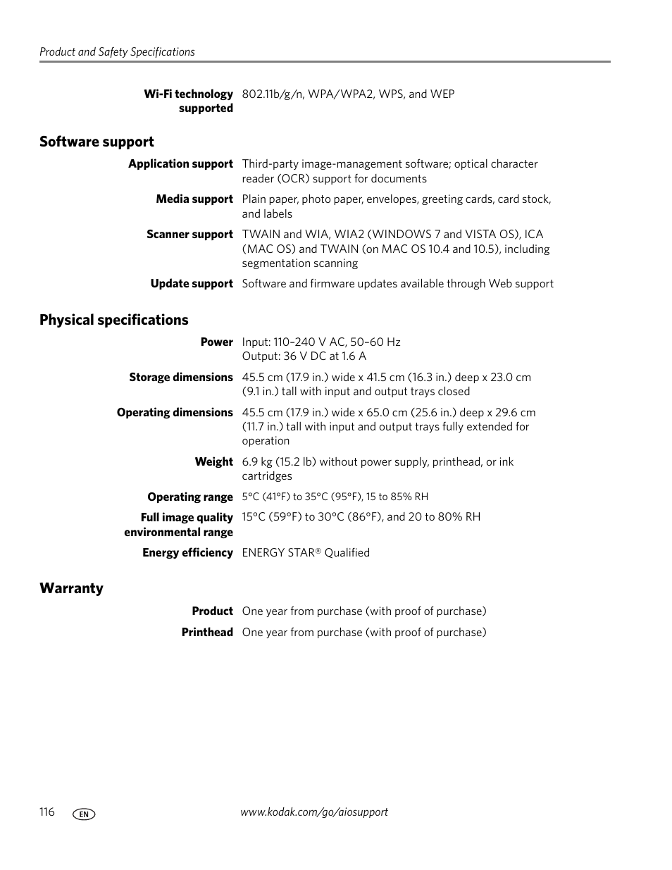 Software support, Physical specifications, Warranty | Software support physical specifications warranty | Kodak ESP OFFICE 2100 User Manual | Page 122 / 137