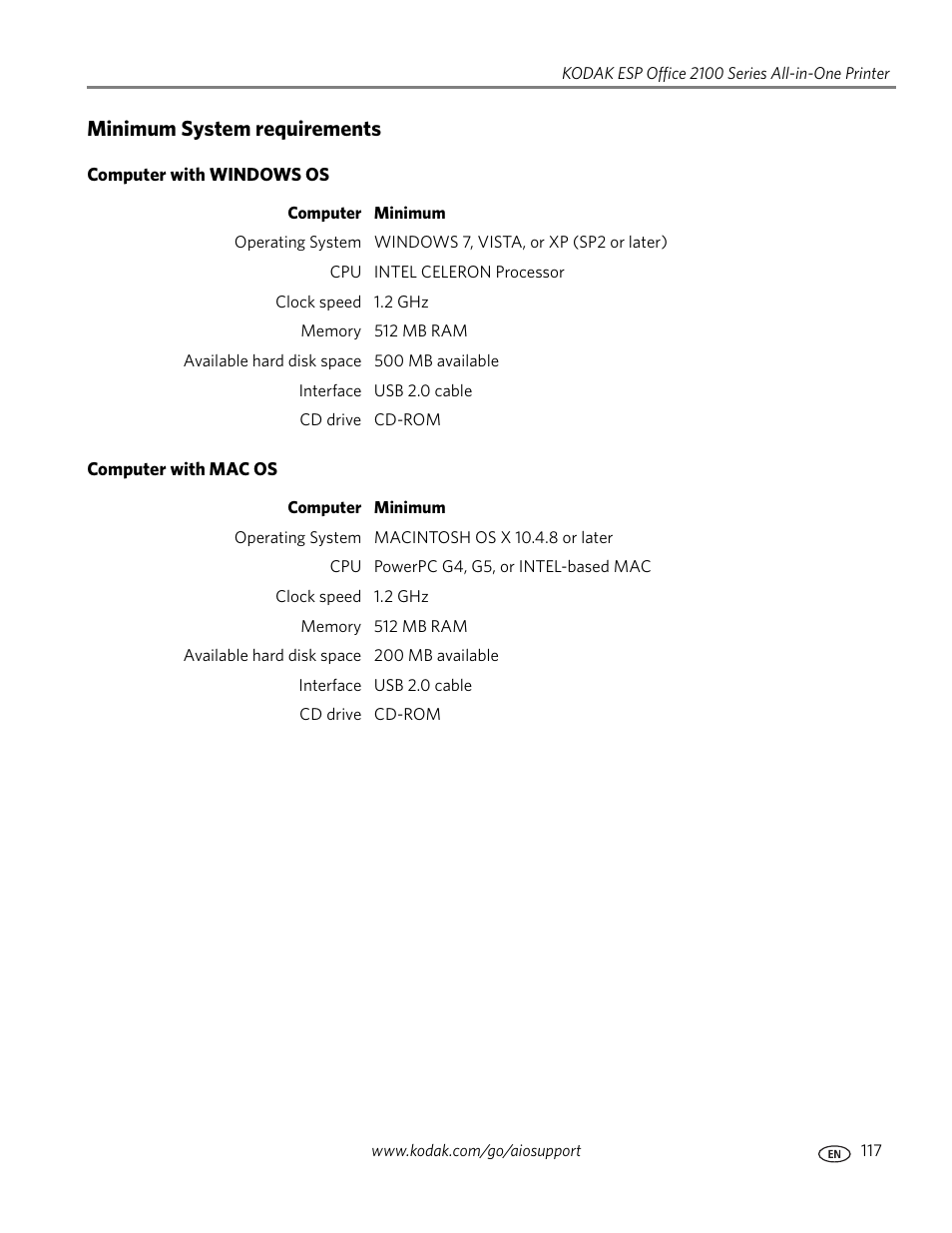 Minimum system requirements, Computer with windows os, Computer with mac os | Kodak ESP OFFICE 2100 User Manual | Page 123 / 137