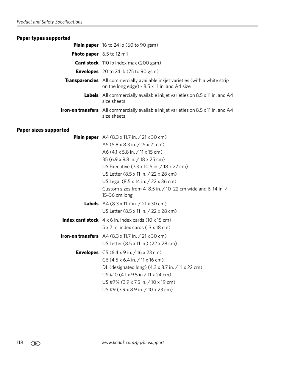 Paper types supported, Paper sizes supported | Kodak ESP OFFICE 2100 User Manual | Page 124 / 137