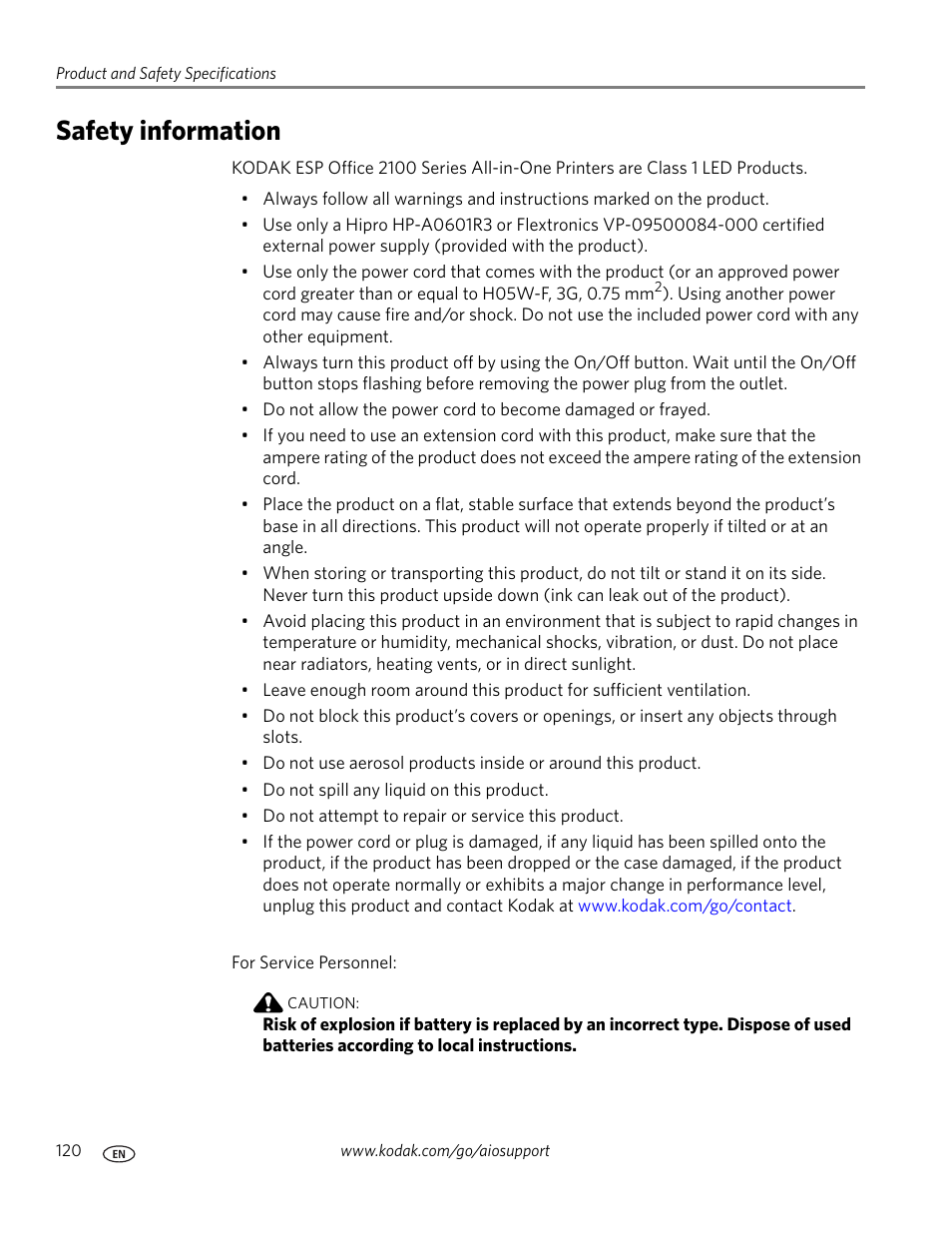 Safety information | Kodak ESP OFFICE 2100 User Manual | Page 126 / 137