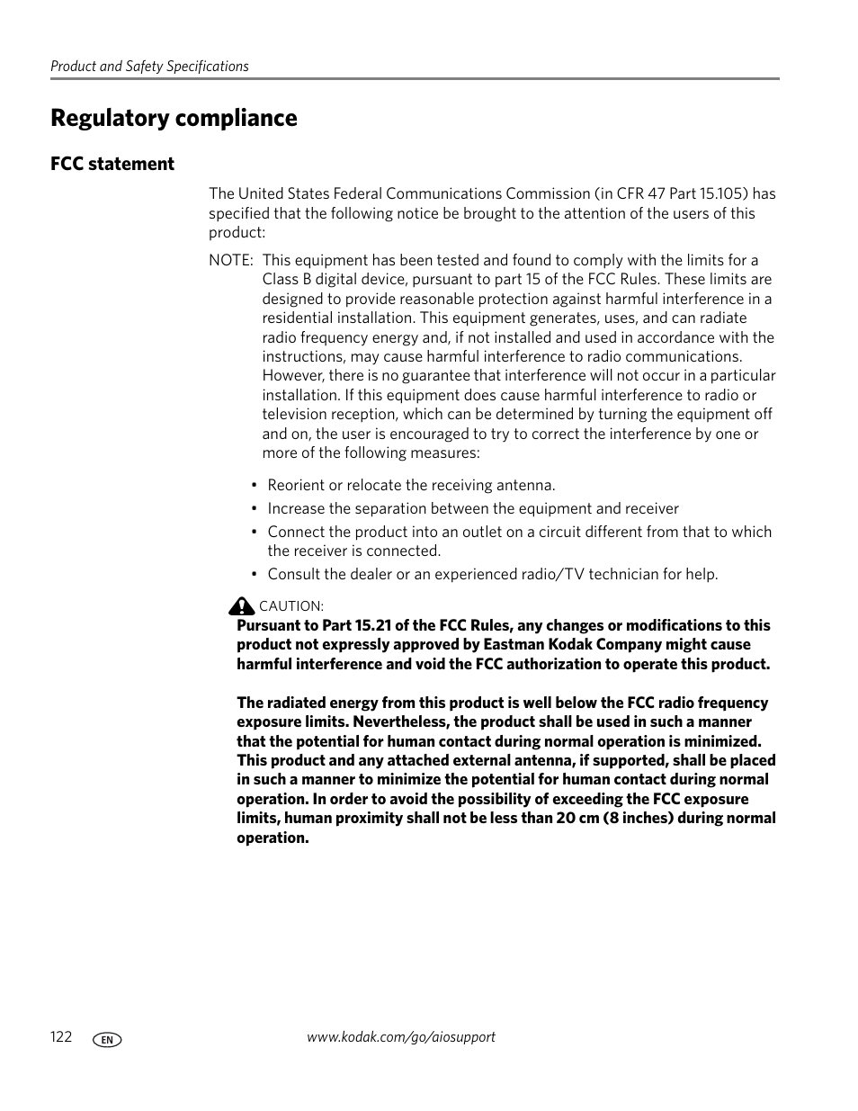 Regulatory compliance, Fcc statement | Kodak ESP OFFICE 2100 User Manual | Page 128 / 137