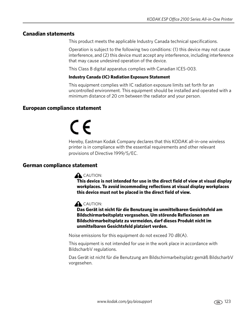 Canadian statements, European compliance statement, German compliance statement | Kodak ESP OFFICE 2100 User Manual | Page 129 / 137