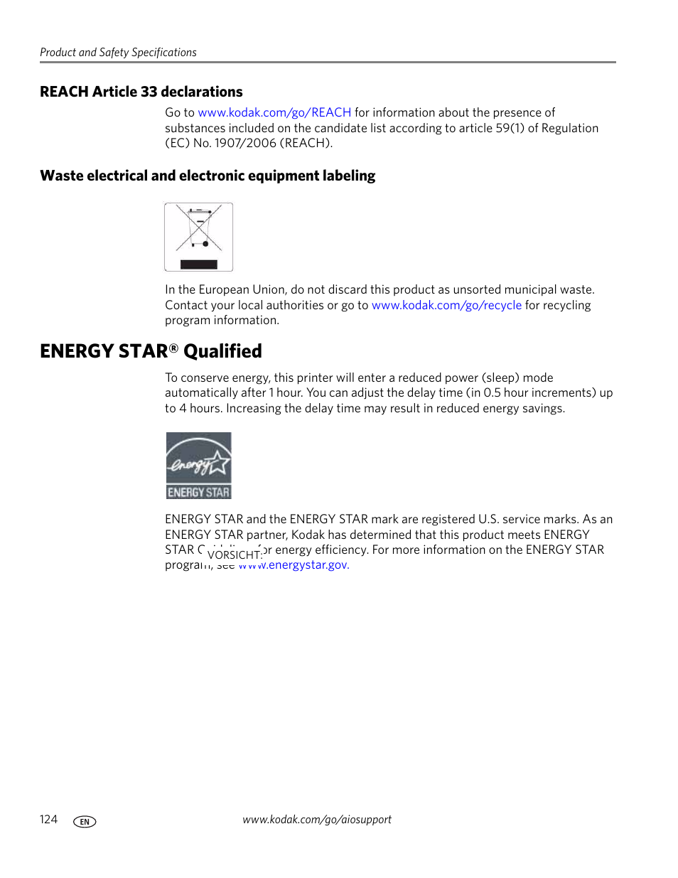 Reach article 33 declarations, Waste electrical and electronic equipment labeling, Energy star® qualified | Kodak ESP OFFICE 2100 User Manual | Page 130 / 137