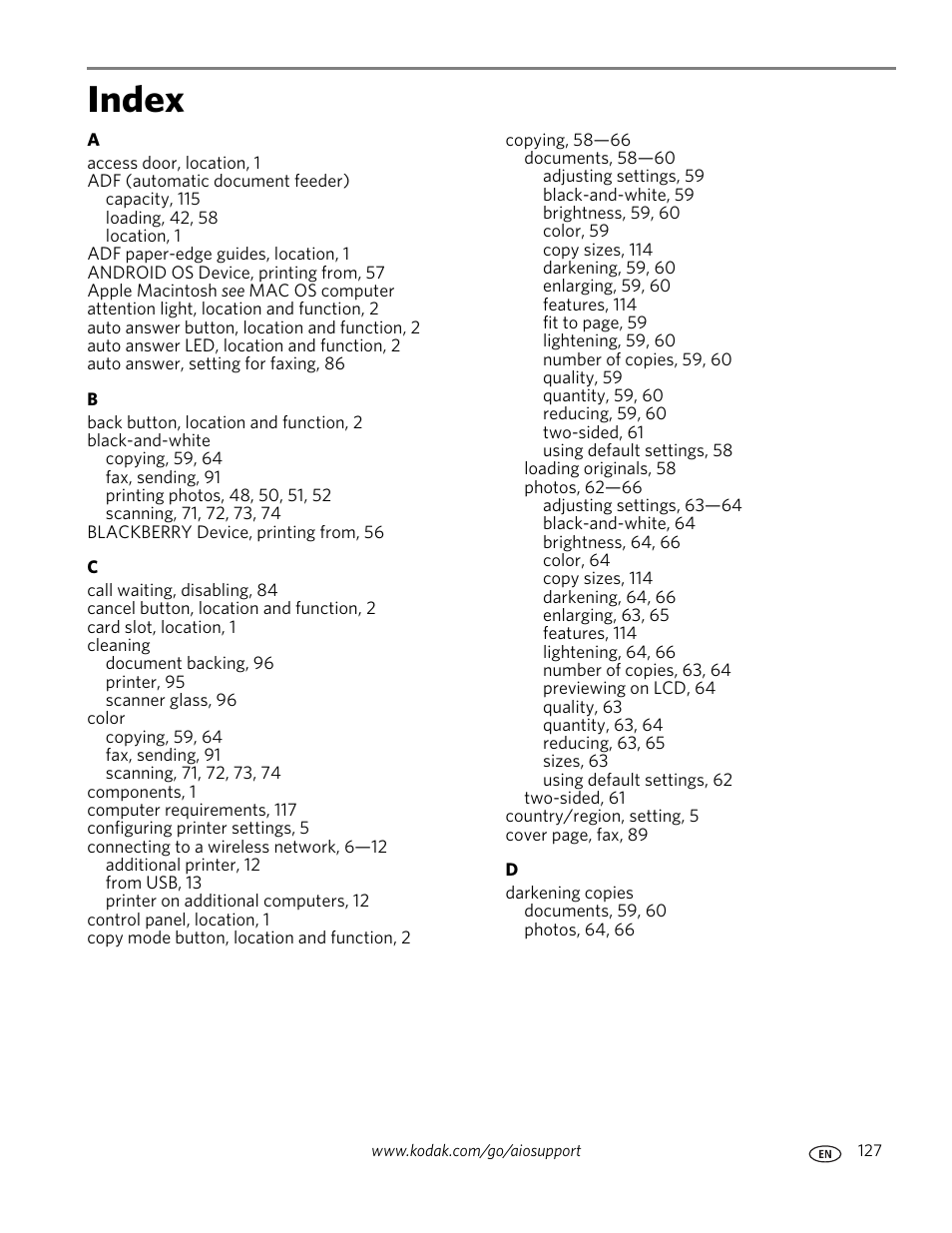 Index | Kodak ESP OFFICE 2100 User Manual | Page 133 / 137