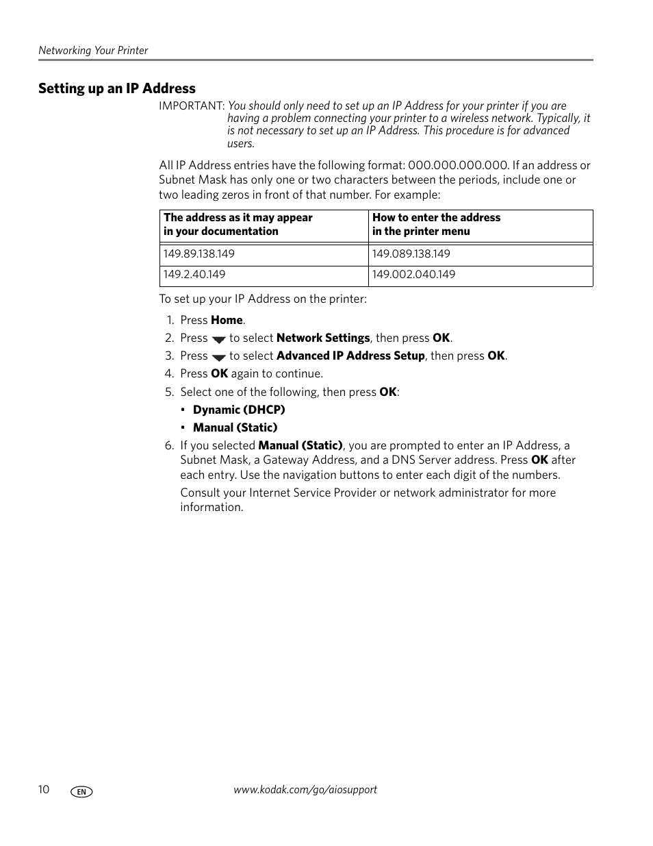 Setting up an ip address | Kodak ESP OFFICE 2100 User Manual | Page 16 / 137