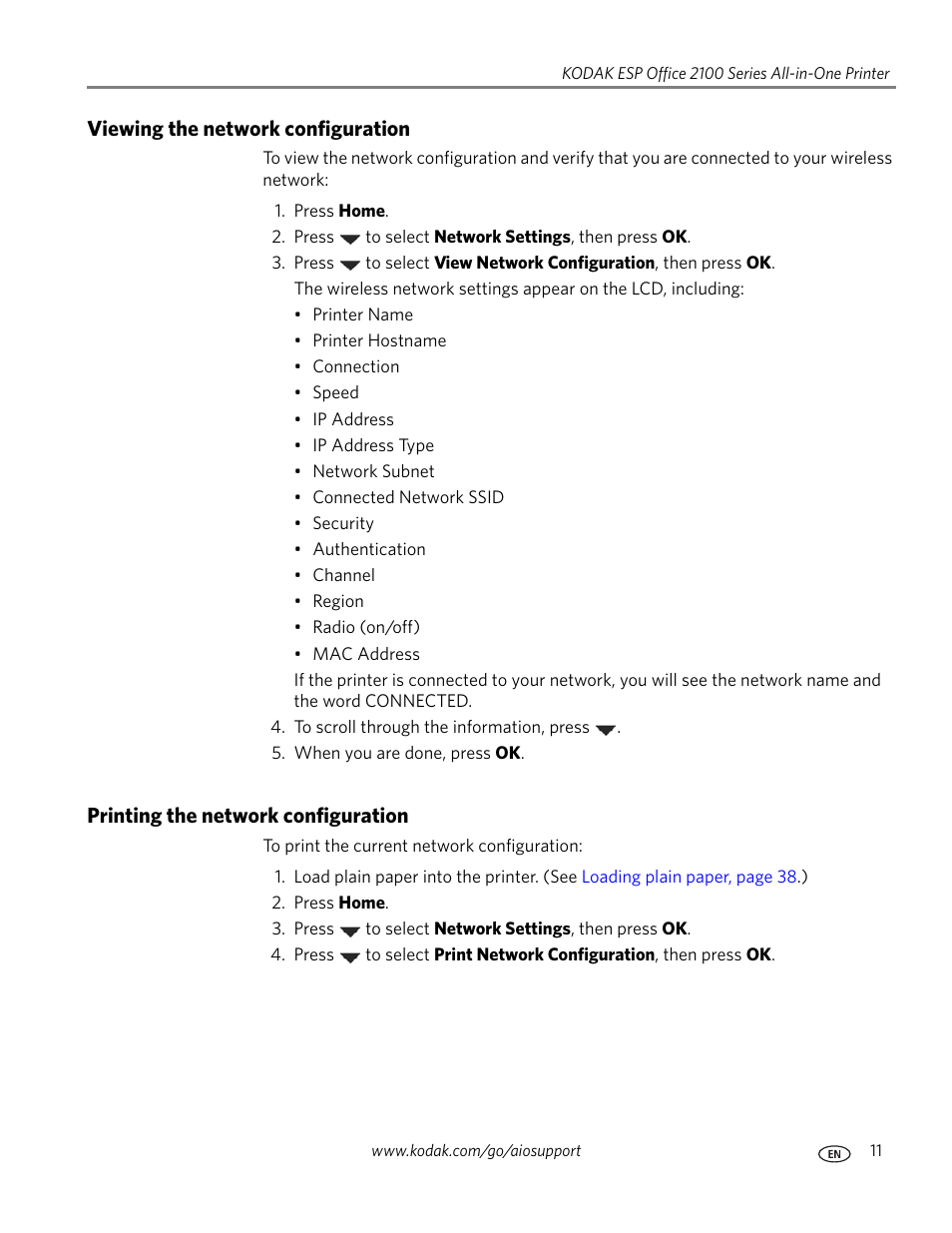 Viewing the network configuration, Printing the network configuration | Kodak ESP OFFICE 2100 User Manual | Page 17 / 137