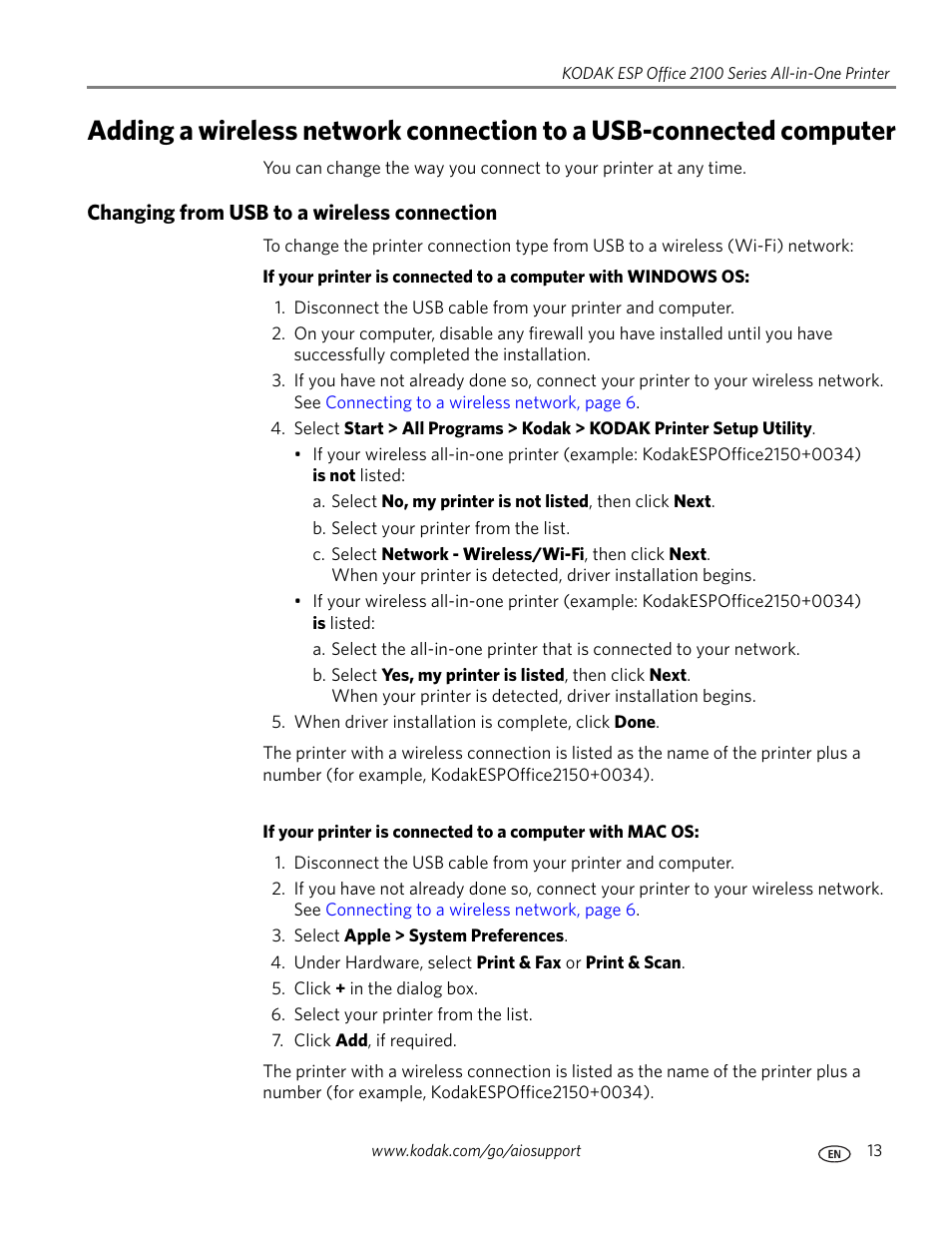 Changing from usb to a wireless connection | Kodak ESP OFFICE 2100 User Manual | Page 19 / 137