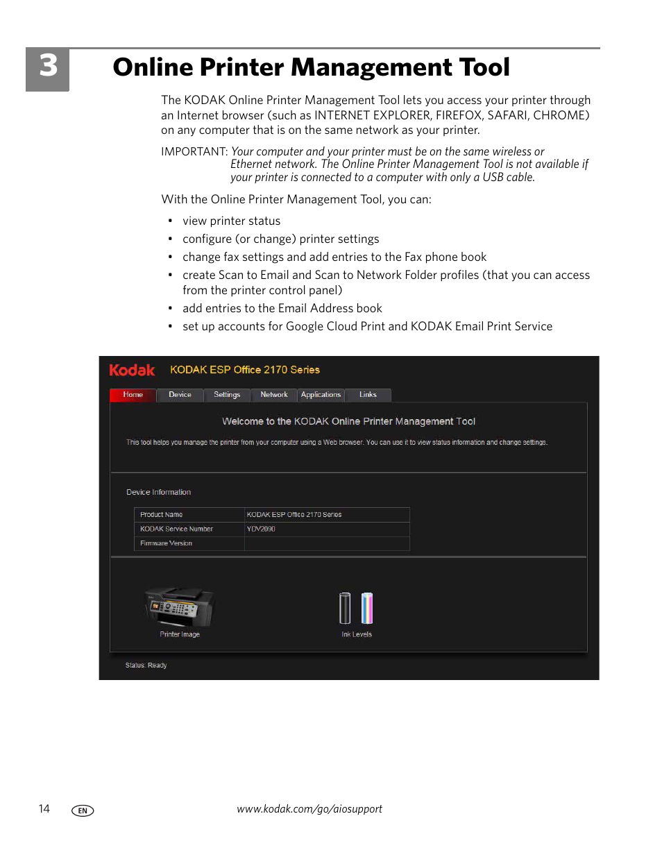 Online printer management tool, 3 online printer management tool | Kodak ESP OFFICE 2100 User Manual | Page 20 / 137