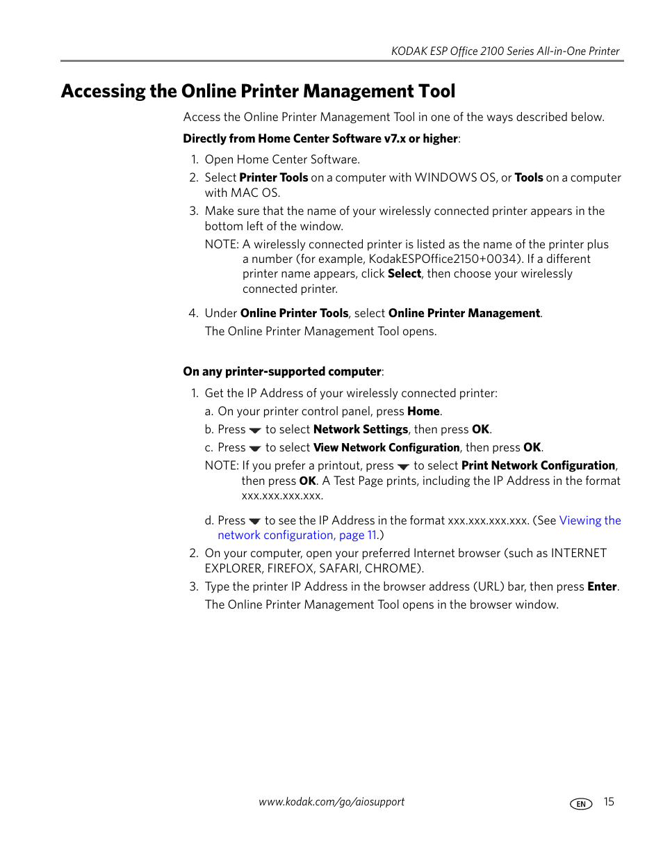 Accessing the online printer management tool | Kodak ESP OFFICE 2100 User Manual | Page 21 / 137