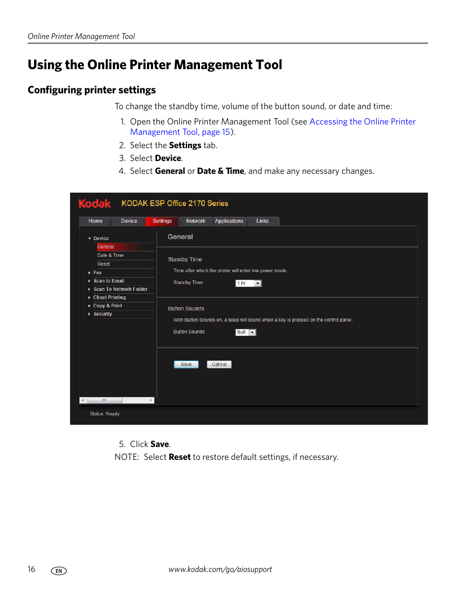 Using the online printer management tool, Configuring printer settings | Kodak ESP OFFICE 2100 User Manual | Page 22 / 137