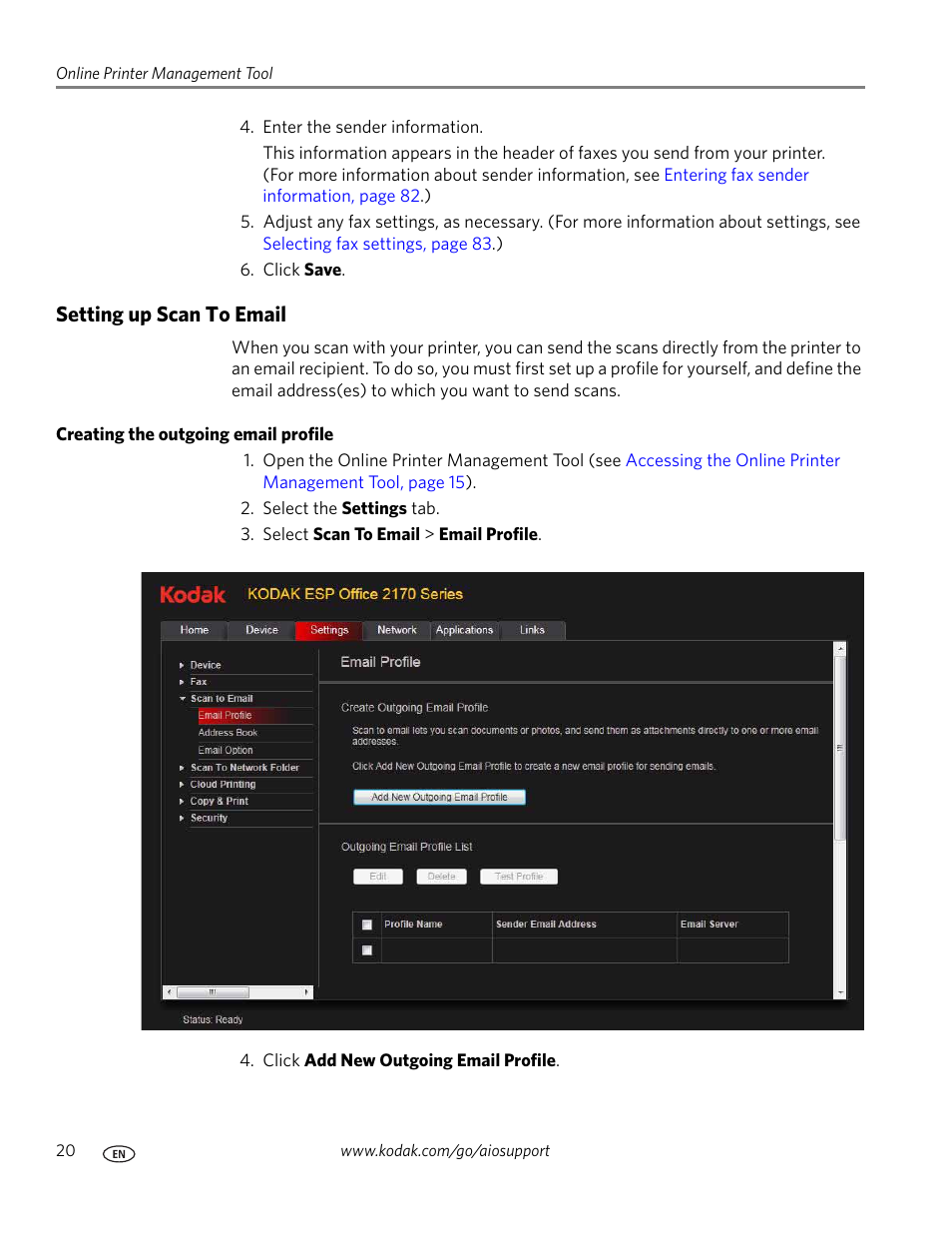 Setting up scan to email, Creating the outgoing email profile | Kodak ESP OFFICE 2100 User Manual | Page 26 / 137