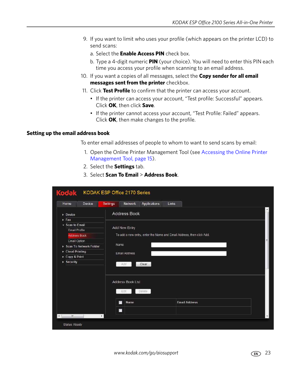 Setting up the email address book | Kodak ESP OFFICE 2100 User Manual | Page 29 / 137