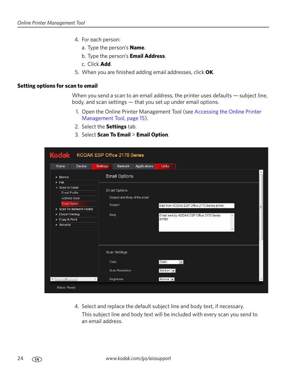 Setting options for scan to email | Kodak ESP OFFICE 2100 User Manual | Page 30 / 137