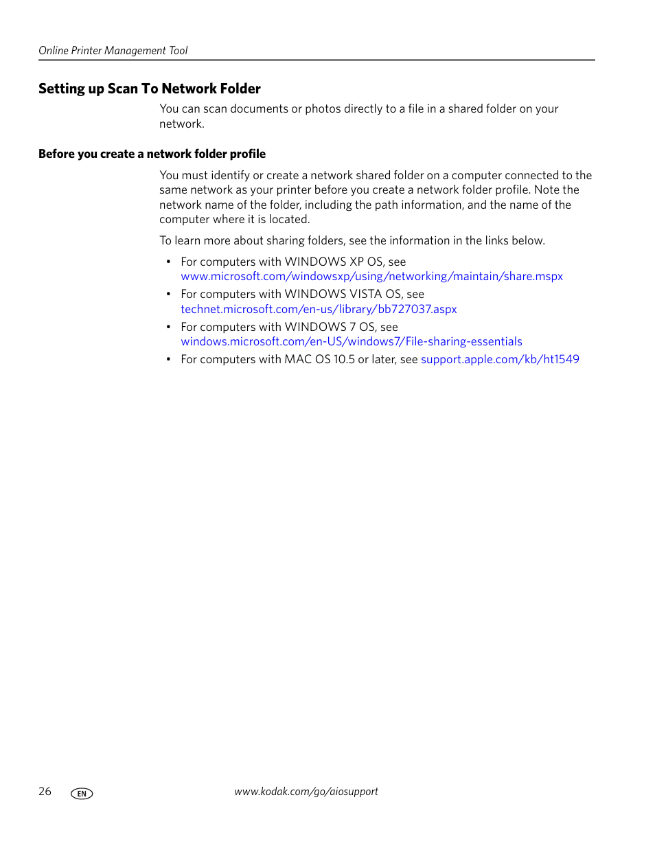 Setting up scan to network folder, Before you create a network folder profile | Kodak ESP OFFICE 2100 User Manual | Page 32 / 137