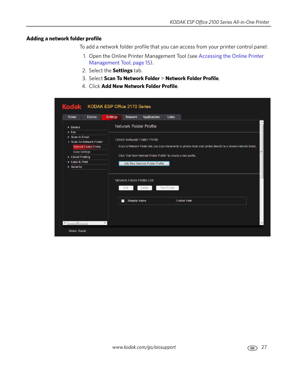 Adding a network folder profile | Kodak ESP OFFICE 2100 User Manual | Page 33 / 137