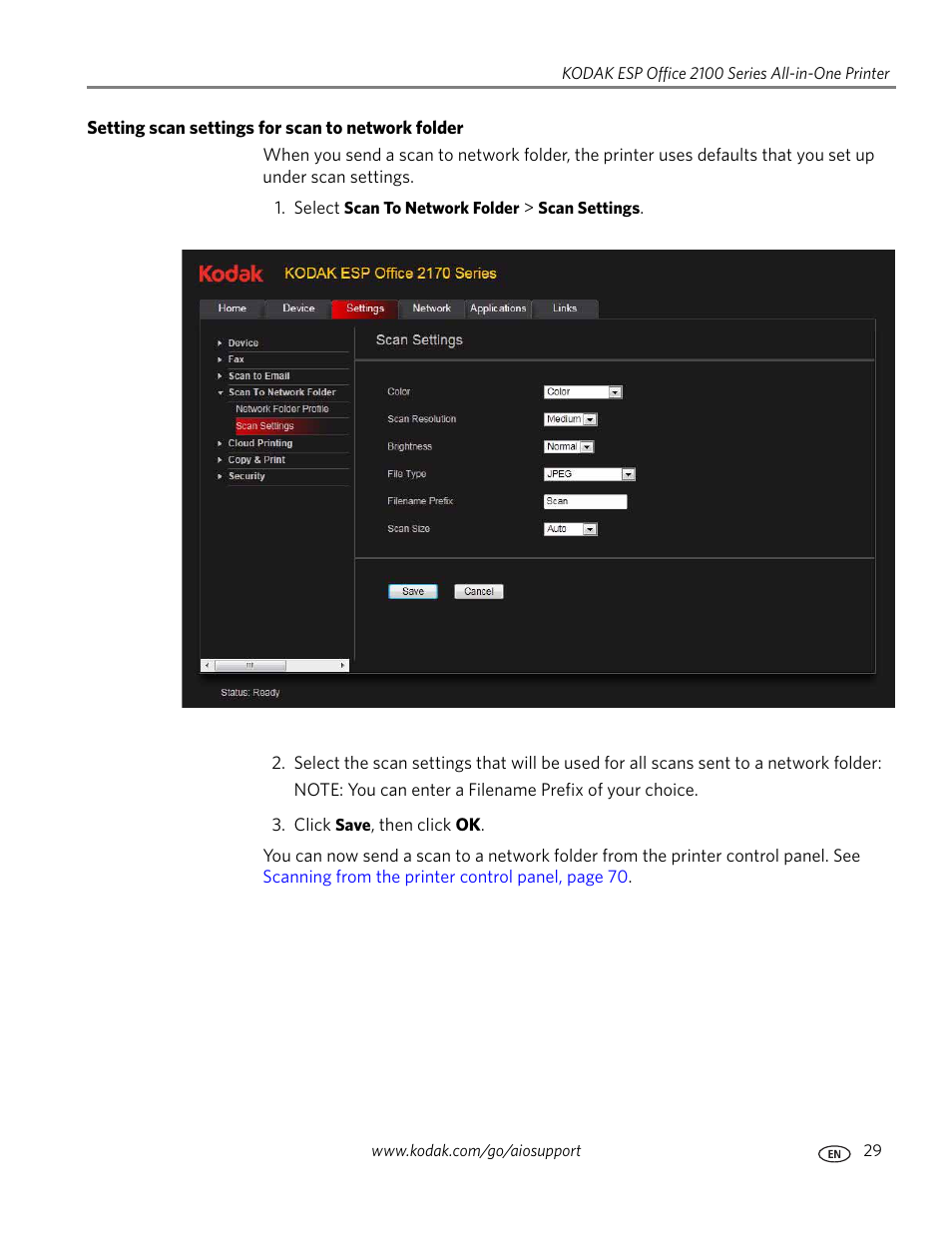 Setting scan settings for scan to network folder | Kodak ESP OFFICE 2100 User Manual | Page 35 / 137