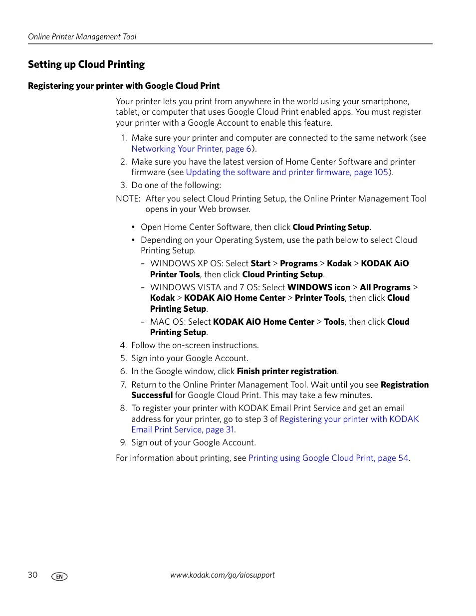 Setting up cloud printing, Registering your printer with google cloud print | Kodak ESP OFFICE 2100 User Manual | Page 36 / 137