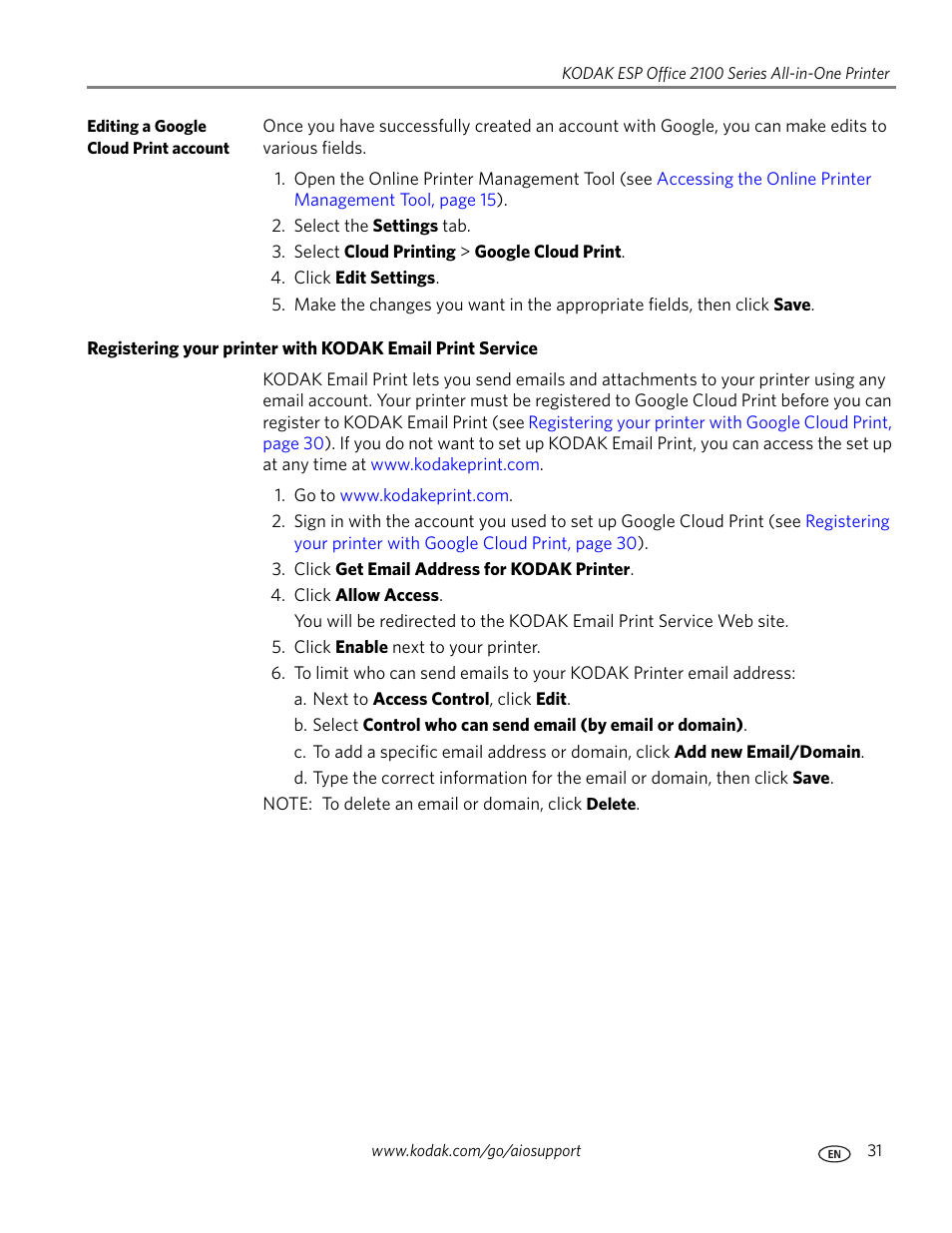 Registering your printer with kodak | Kodak ESP OFFICE 2100 User Manual | Page 37 / 137