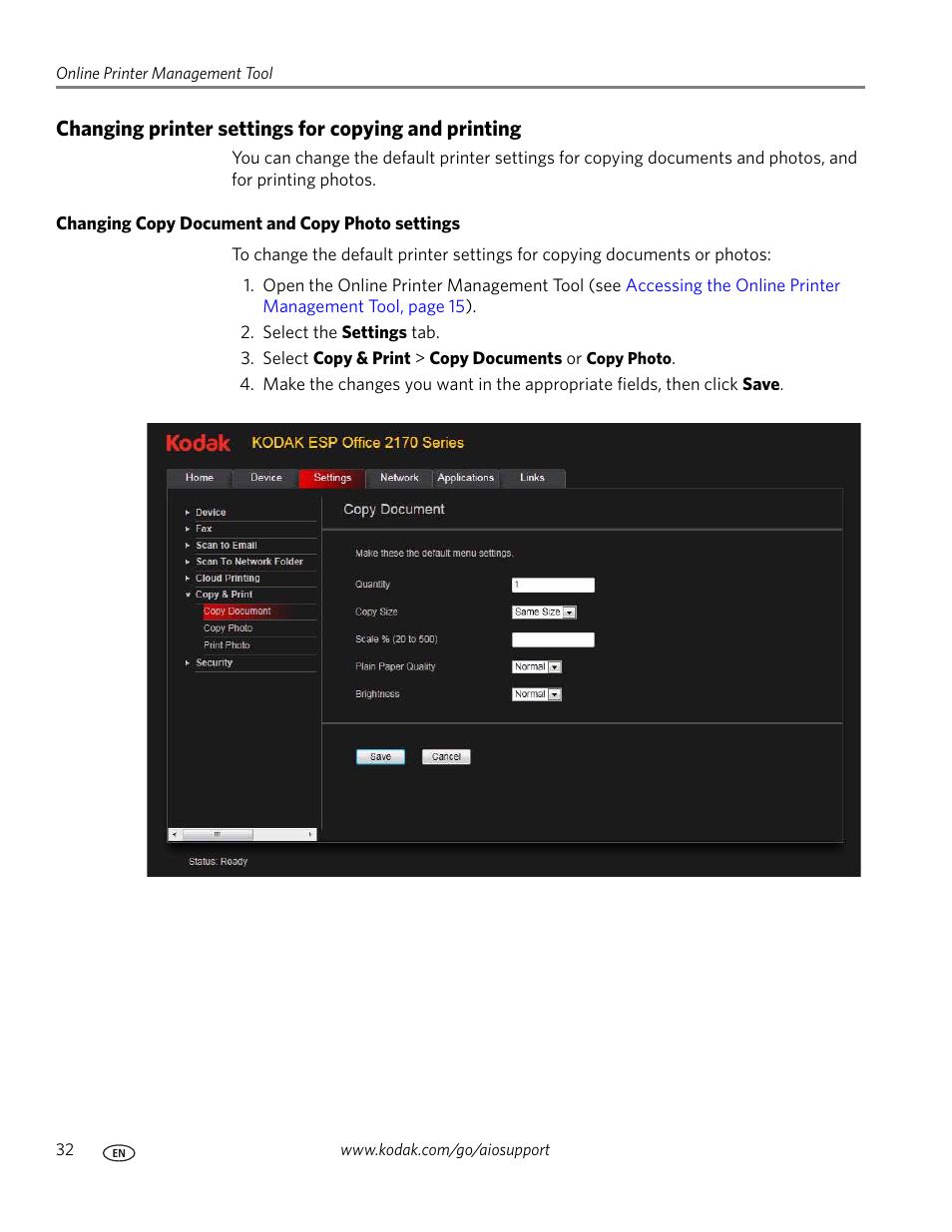 Changing printer settings for copying and printing, Changing copy document and copy photo settings | Kodak ESP OFFICE 2100 User Manual | Page 38 / 137