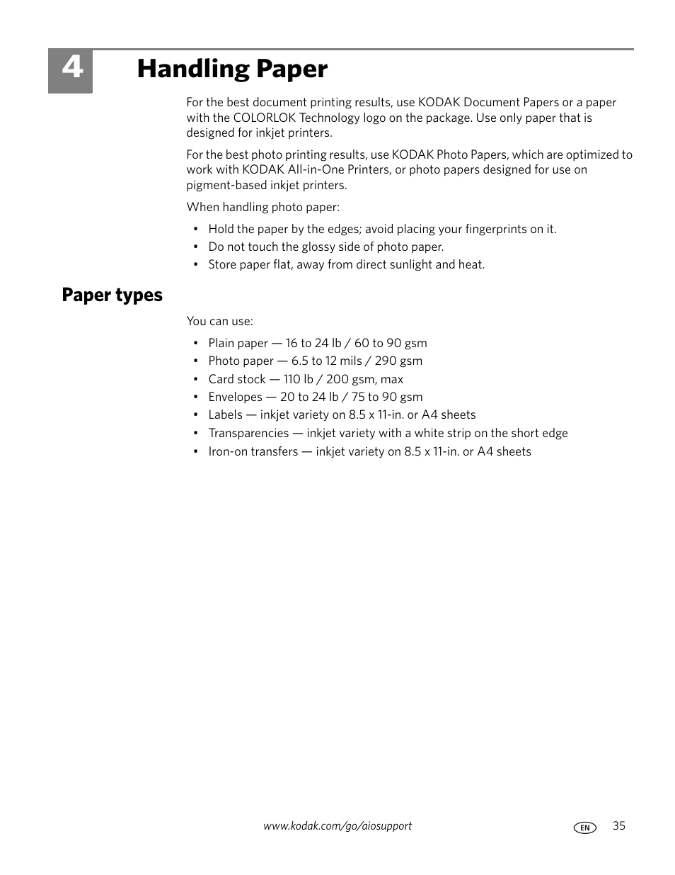 Handling paper, Paper types, 4 handling paper | Kodak ESP OFFICE 2100 User Manual | Page 41 / 137