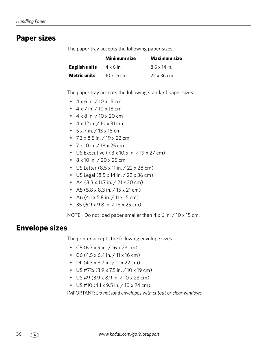 Paper sizes, Envelope sizes, Paper sizes envelope sizes | Kodak ESP OFFICE 2100 User Manual | Page 42 / 137