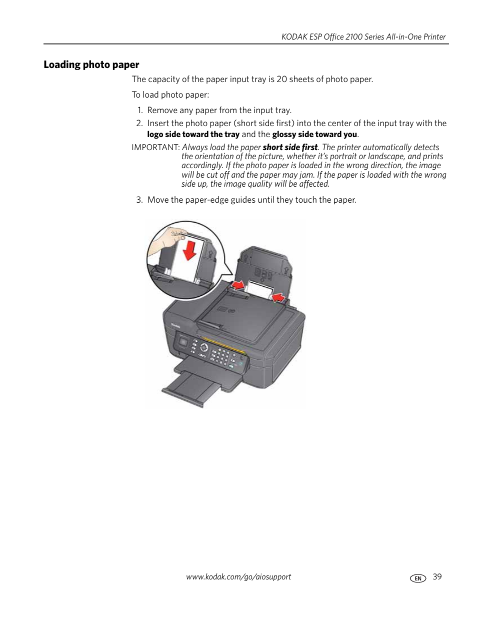 Loading photo paper | Kodak ESP OFFICE 2100 User Manual | Page 45 / 137