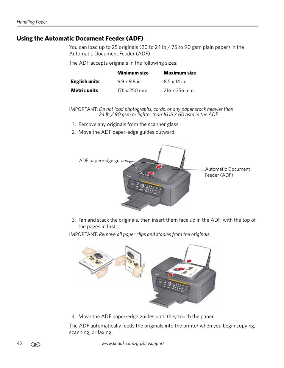 Using the automatic document feeder (adf) | Kodak ESP OFFICE 2100 User Manual | Page 48 / 137