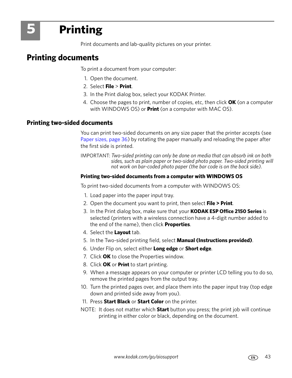 Printing, Printing documents, Printing two-sided documents | 5 printing | Kodak ESP OFFICE 2100 User Manual | Page 49 / 137