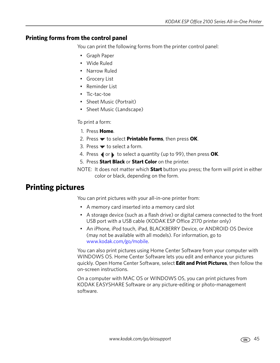 Printing forms from the control panel, Printing pictures | Kodak ESP OFFICE 2100 User Manual | Page 51 / 137