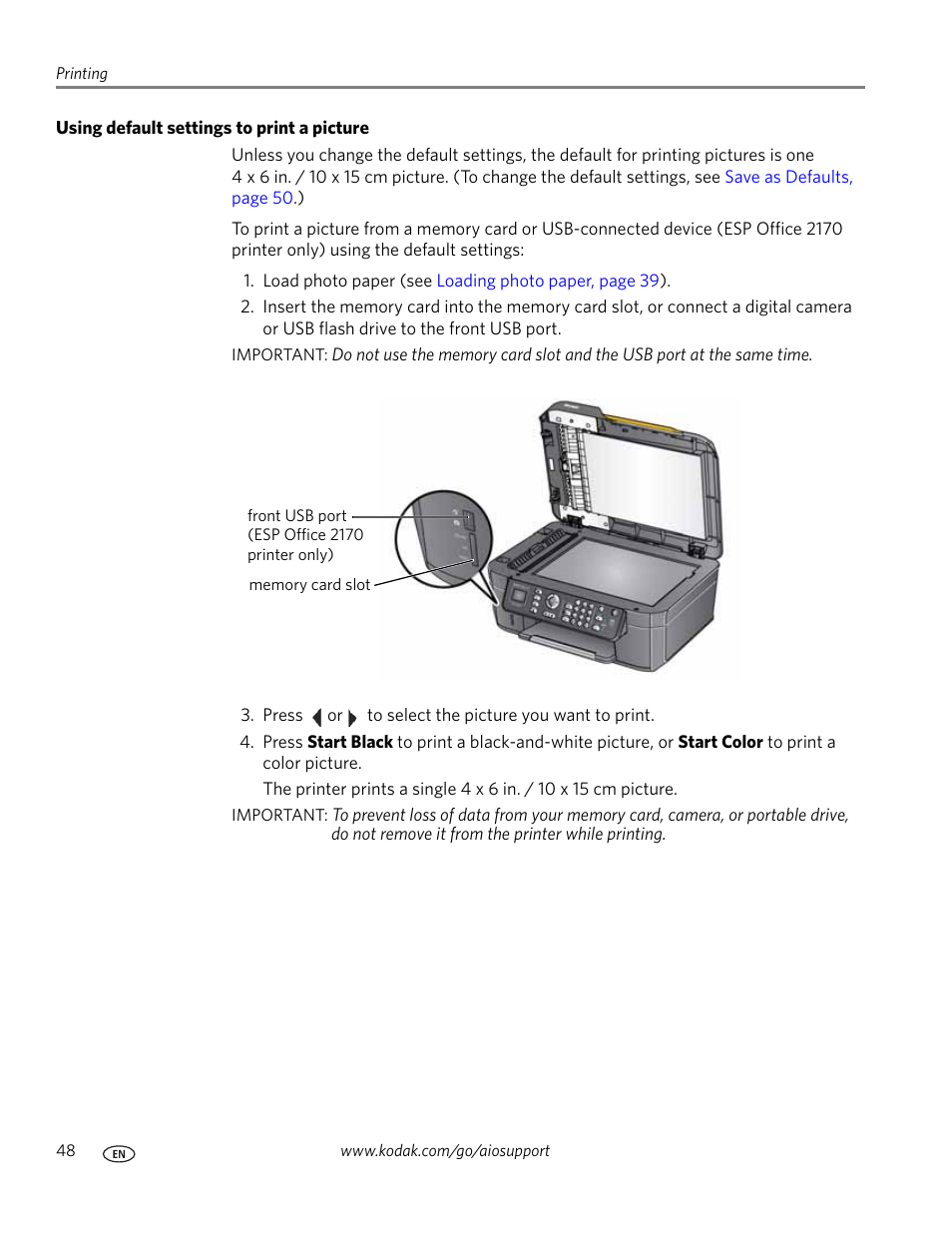 Using default settings to print a picture | Kodak ESP OFFICE 2100 User Manual | Page 54 / 137