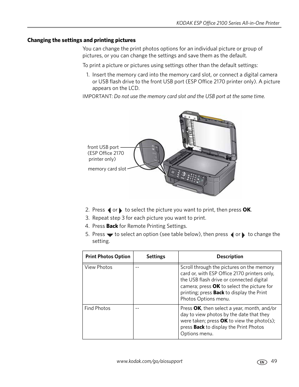 Changing the settings and printing pictures | Kodak ESP OFFICE 2100 User Manual | Page 55 / 137