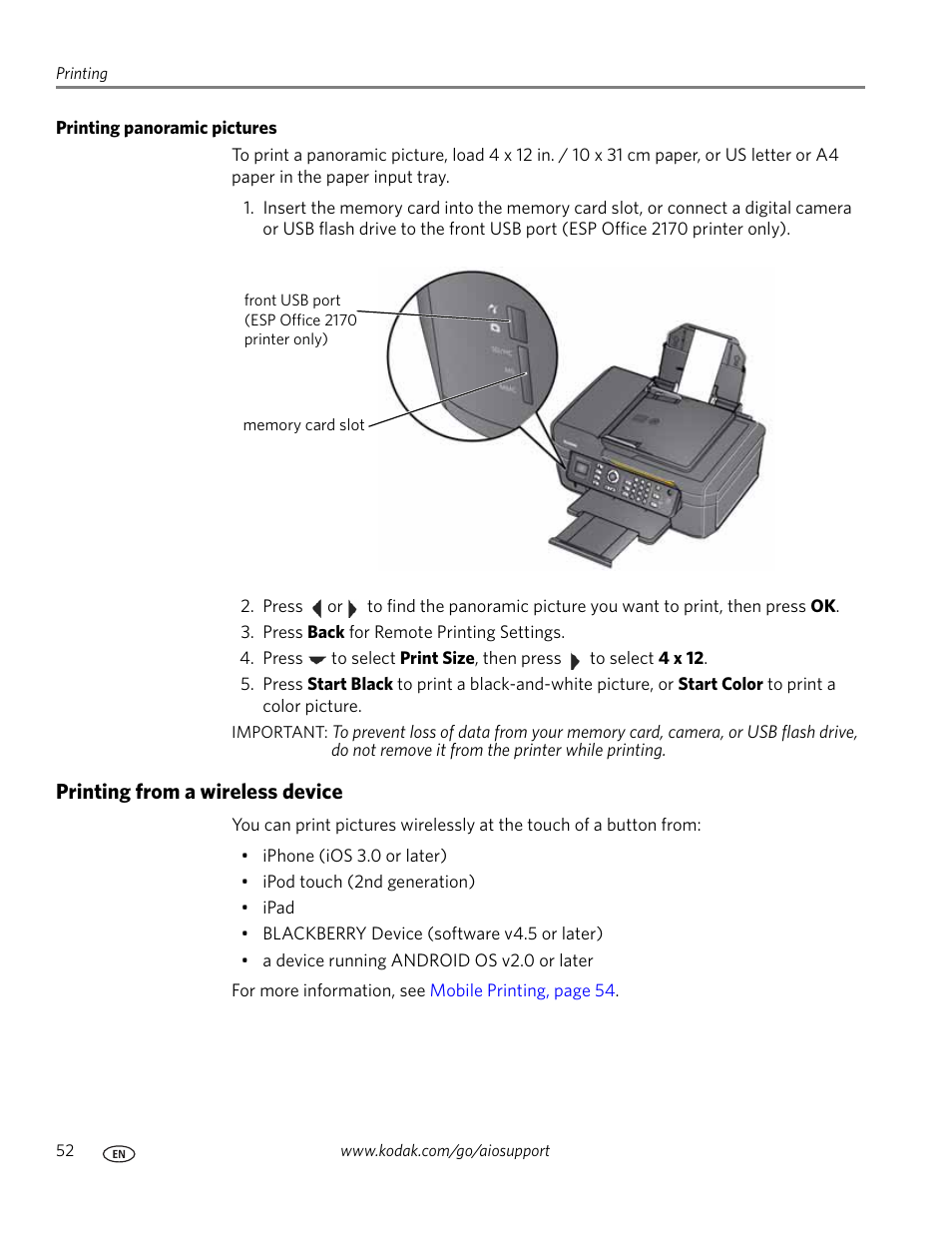 Printing panoramic pictures, Printing from a wireless device | Kodak ESP OFFICE 2100 User Manual | Page 58 / 137