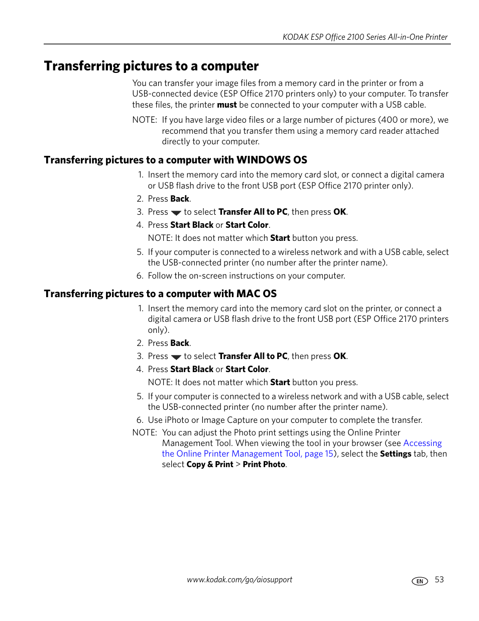 Transferring pictures to a computer, Transferring pictures to a computer with mac os | Kodak ESP OFFICE 2100 User Manual | Page 59 / 137