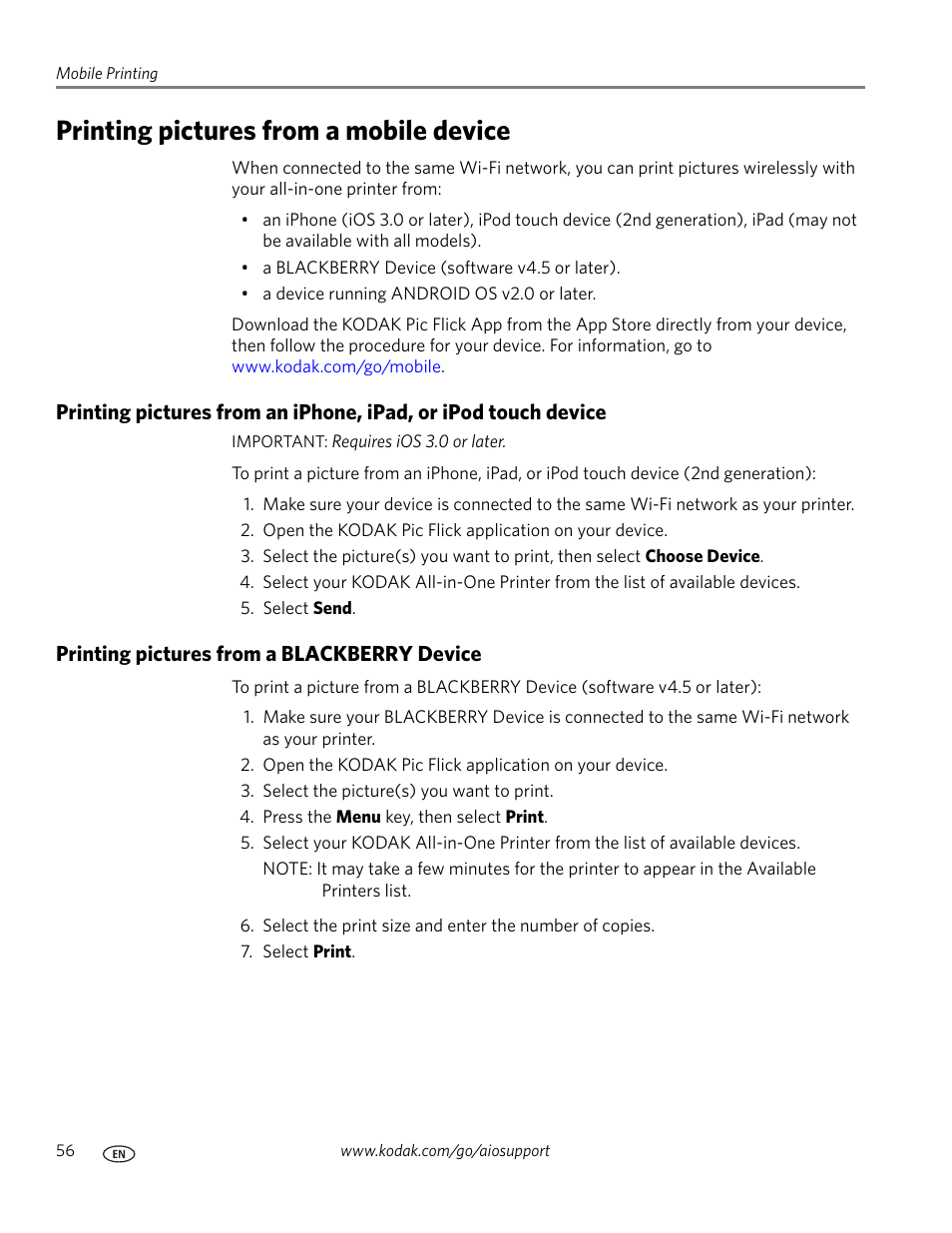 Printing pictures from a mobile device, Printing pictures from a blackberry device | Kodak ESP OFFICE 2100 User Manual | Page 62 / 137