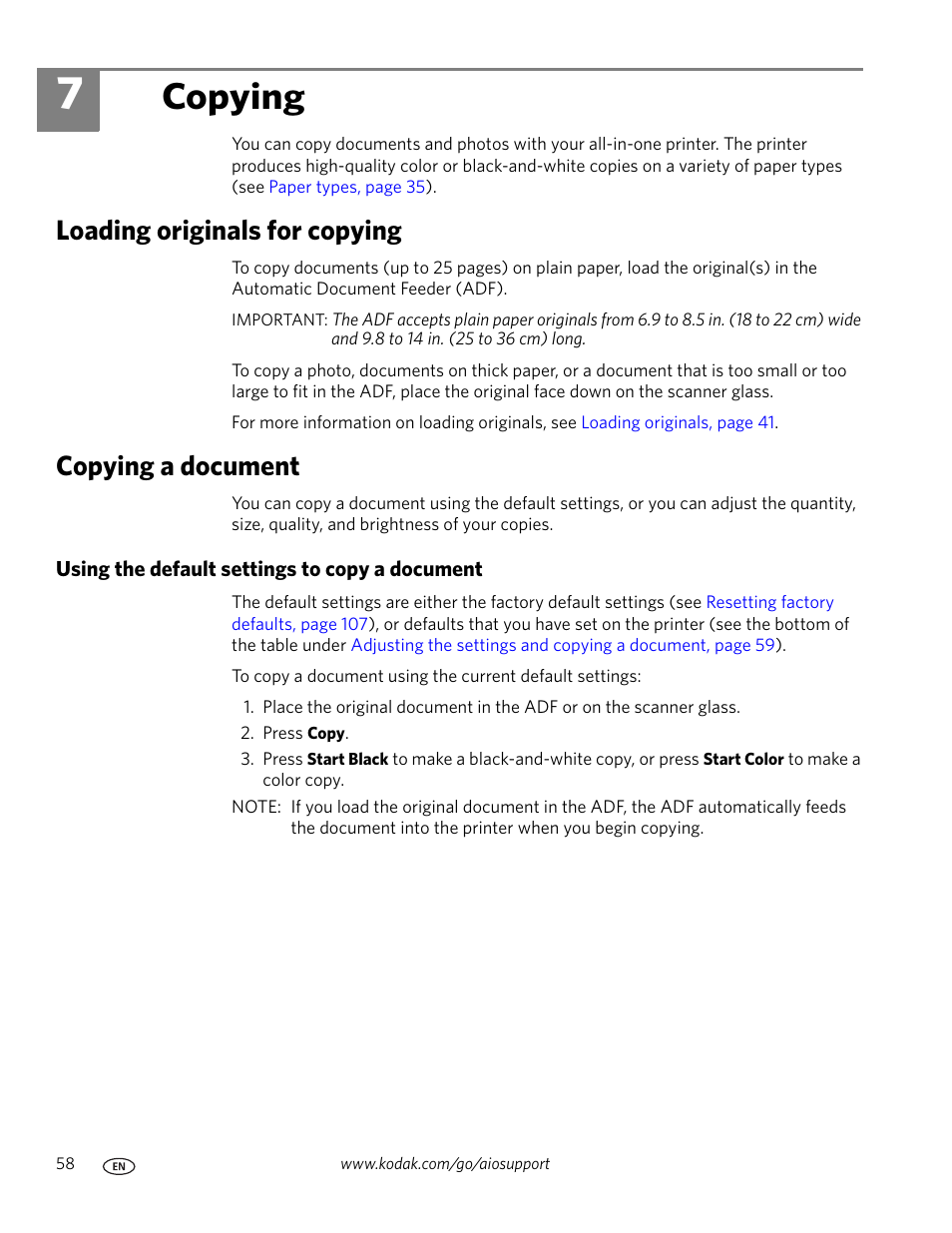 Copying, Loading originals for copying, Copying a document | Using the default settings to copy a document, 7 copying, Loading originals for copying copying a document | Kodak ESP OFFICE 2100 User Manual | Page 64 / 137