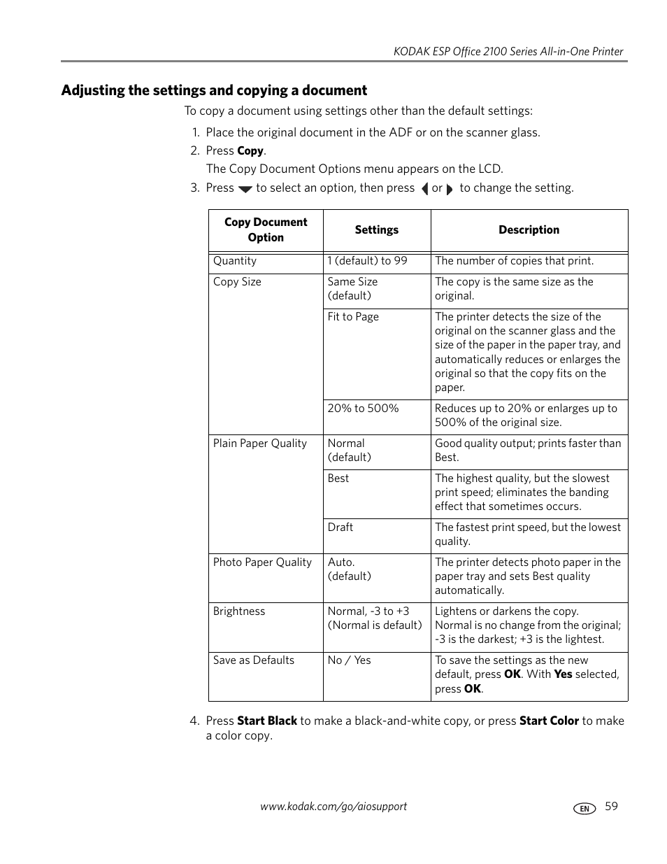 Adjusting the settings and copying a document | Kodak ESP OFFICE 2100 User Manual | Page 65 / 137